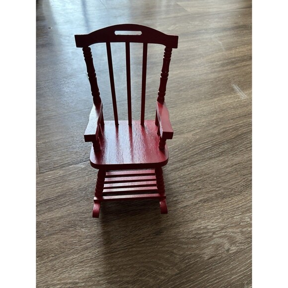 Vintage Wooden Miniature Doll Rocking Chair 9” Tall Spindle Bright Red - Picture 2 of 6